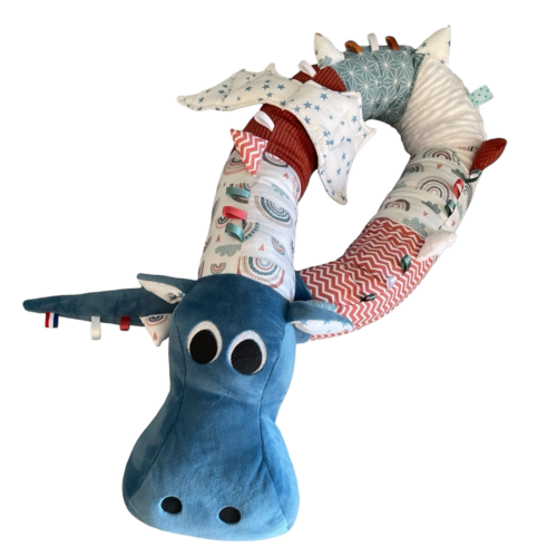 gaston le dragon - arc-en-ciel -doudou tête bleu jeans