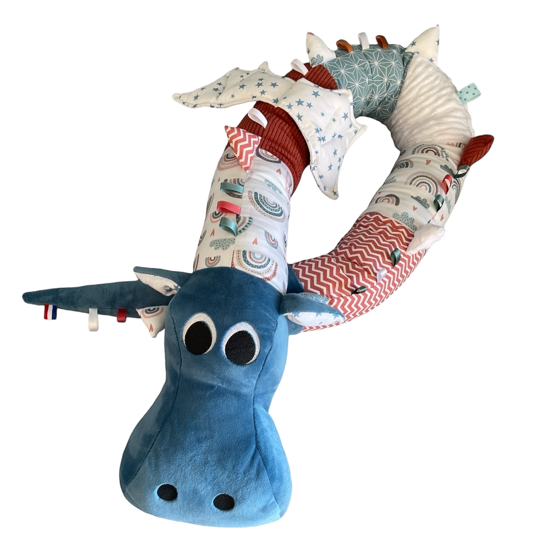 gaston le dragon - arc-en-ciel -doudou tête bleu jeans