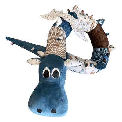 Gaston le dragon - doudou géant dragon tissu motif jouet ancien bleu