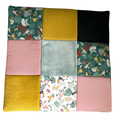 tapis d'éveil 9 carreaux, 100x100 cm motif jungle , plusieurs textures, fille et garçon